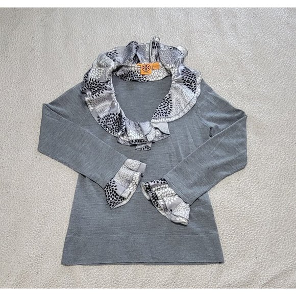 Tory Burch Womens Gray Long Sleeve Sweater Printed‎ Ruffle Collar & Cuffs Size L - Picture 2 of 13